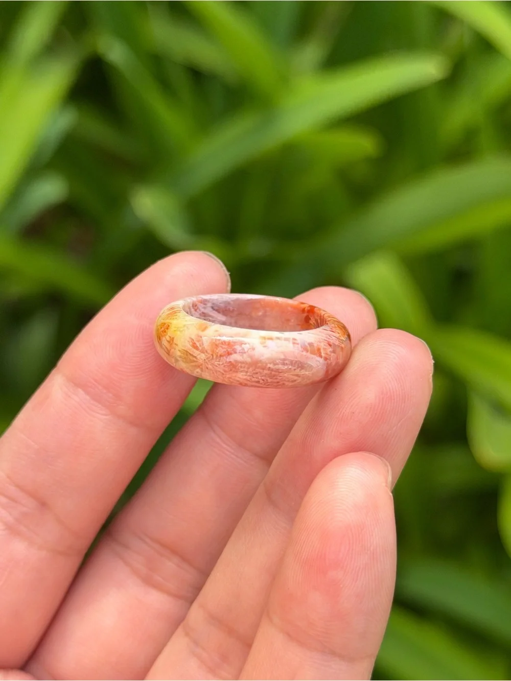 Size 7.5 Handcrafted Floral Coral Jade Dome Ring Peach Orange Color 1757